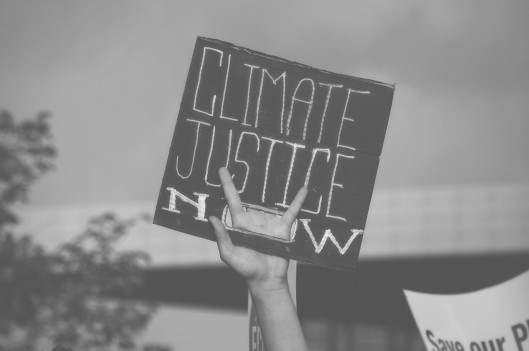 holding up climate protest sign
