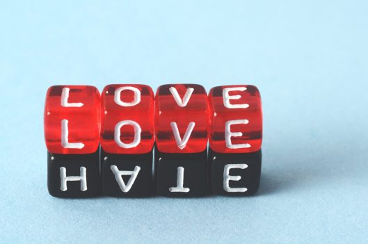 Dice with LOVE and HATE written on them