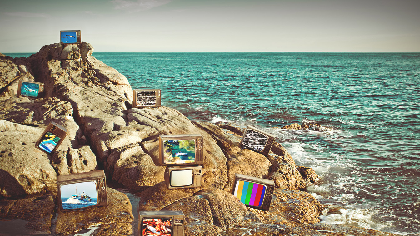 TVs on beach rocks